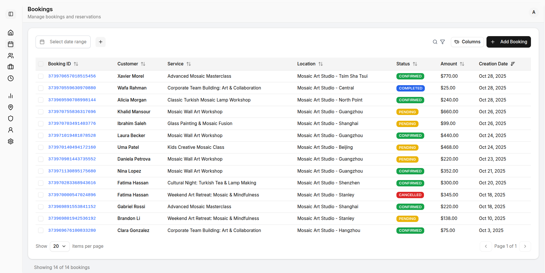 Mosaic Art Studio booking management dashboard